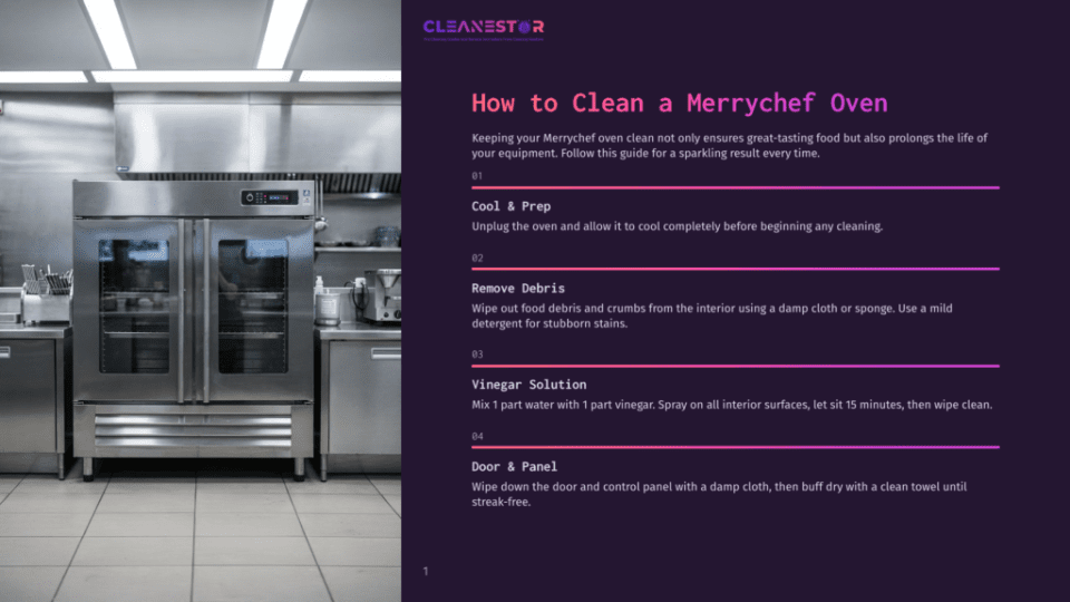 1 How To Clean A Merrychef Oven Cleanestor Logo And Guide On How To Clean A Merrychef Oven With Steps: Cool &Amp; Prep, Remove Debris, Vinegar Solution, And Door &Amp; Panel, Set Against A Background Of A Commercial Kitchen With Stainless Steel Appliances.