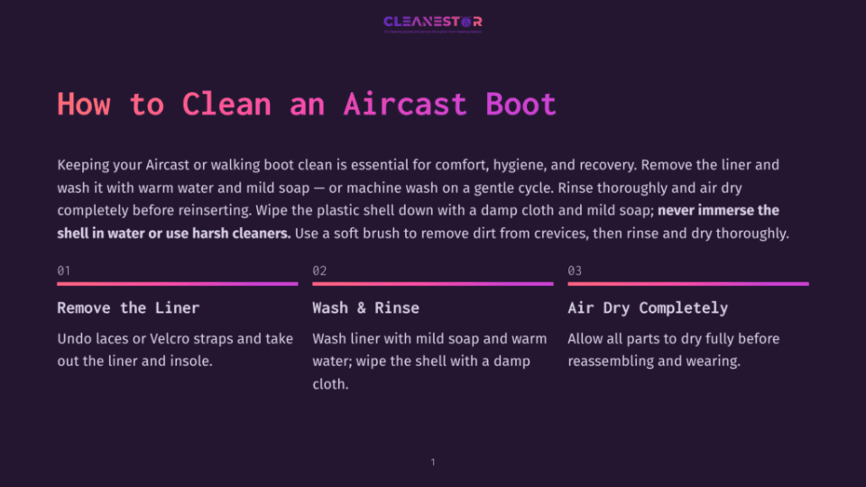 1 How To Clean An Aircast Boot Cleanestor Logo At The Top Of A Graphic Titled &Quot;How To Clean An Aircast Boot&Quot;. The Graphic Details Three Steps: Remove The Liner, Wash &Amp; Rinse, And Air Dry Completely.