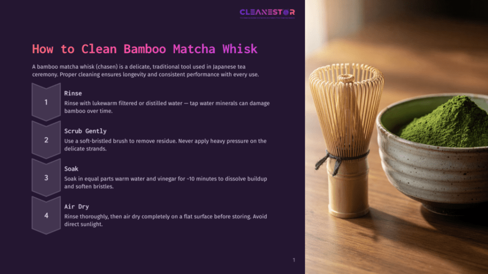 1 How To Clean Bamboo Matcha Whisk A Wooden Bamboo Matcha Whisk (Chasen) Sits Beside A Bowl Of Green Matcha Powder On A Wooden Table. The Whisk Has A Smooth Brown Handle With Intricate Woven Bristles At The End, And The Bowl Is Round, White, And Slightly Elevated By A Stand.