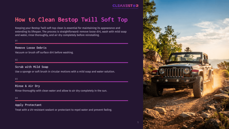 1 How To Clean Bestop Twill Soft Top Red Jeep Wrangler With A Bestop Twill Soft Top Driving On A Dusty, Rocky Trail Uphill, With Trees And Foliage In The Background.