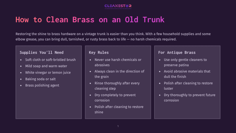 1 How To Clean Brass On An Old Trunk Infographic Titled &Quot;How To Clean Brass On An Old Trunk&Quot; With Three Columns: &Quot;Supplies You'Ll Need&Quot;, &Quot;Key Rules&Quot;, And &Quot;For Antique Brass.