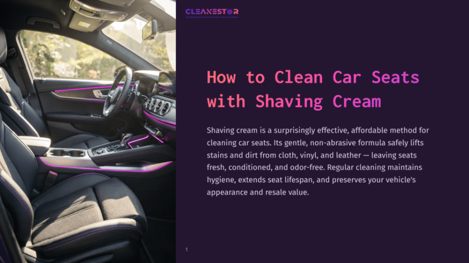 1 How To Clean Car Seats With Shaving Cream Interior Of A Luxury Car With Dark Leather Seats, Ambient Purple Lighting, And A Clean Dashboard. Text Overlay Reads &Quot;Cleanestor: Your Cleaning Solutions For A Spotless &Amp; Smelling Fresh Car&Quot;.