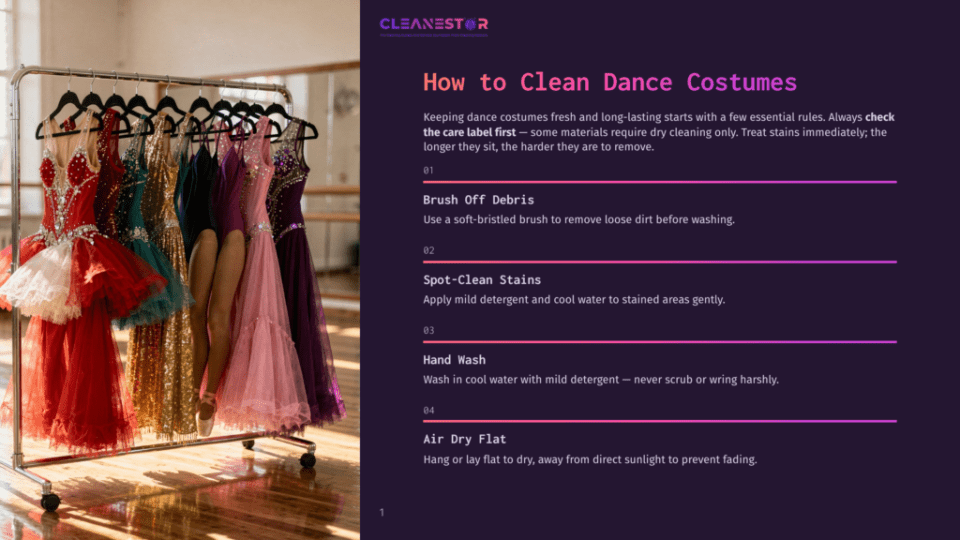 1 How To Clean Dance Costumes A Rack Of Vibrant, Sequined Dance Costumes Hangs In A Studio, With Text Overlay On The Right Detailing Tips For Cleaning Dance Costumes.