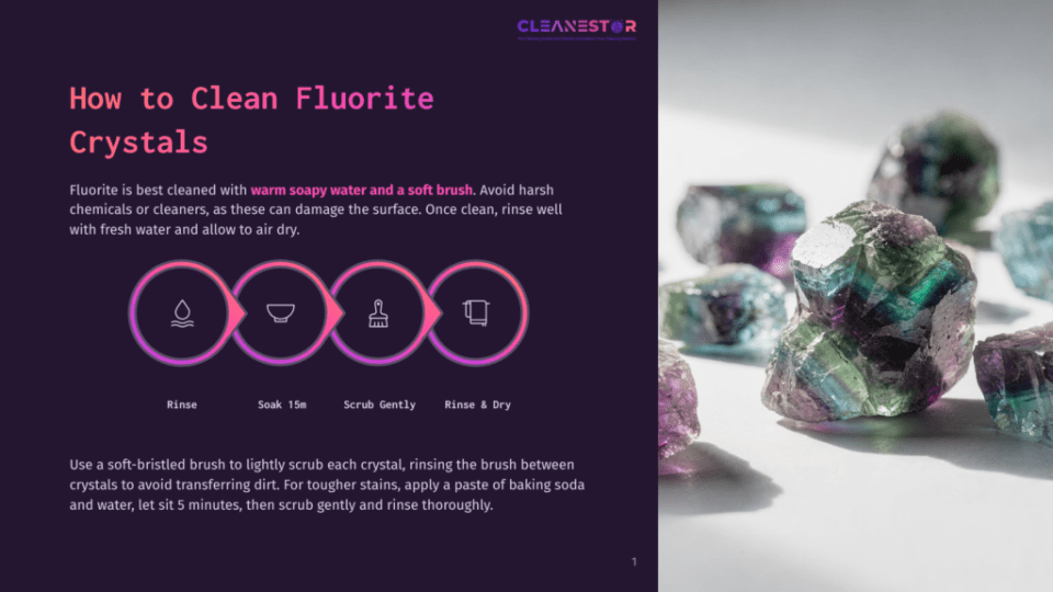 1 How To Clean Fluorite Crystals Close-Up Of Vibrant, Multi-Colored Fluorite Crystals With Purple, Green, And Blue Hues, Resting On A Dark Surface. Text Overlay Provides Instructions On How To Clean Fluorite Crystals.