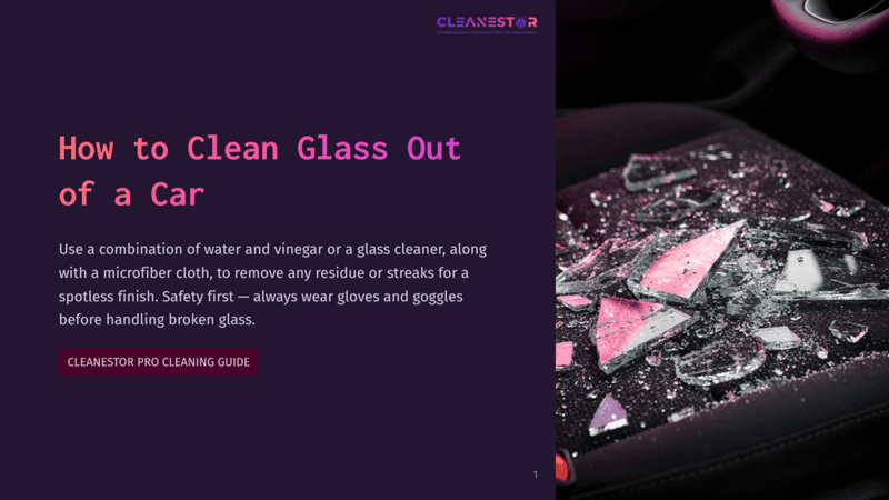 1 How To Clean Glass Out Of A Car Broken Car Glass Shards Scattered Across A Dark Car Seat, With Pink And Purple Reflections. Text Overlay Reads &Quot;How To Clean Glass Out Of A Car&Quot; And &Quot;Cleanestor Pro Cleaning Guide&Quot;.