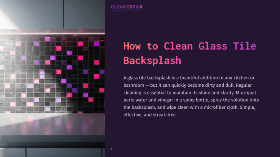 1 How To Clean Glass Tile Backsplash A Kitchen Backsplash Adorned With Vibrant Pink, Black, And Purple Square Tiles, Reflecting Light From An Unseen Source. The Tiles Are Arranged In A Geometric Pattern That Adds Visual Interest To The Space. A Watermark Reading &Quot;Cleanesto&Quot; Appears In The Upper Left Corner.