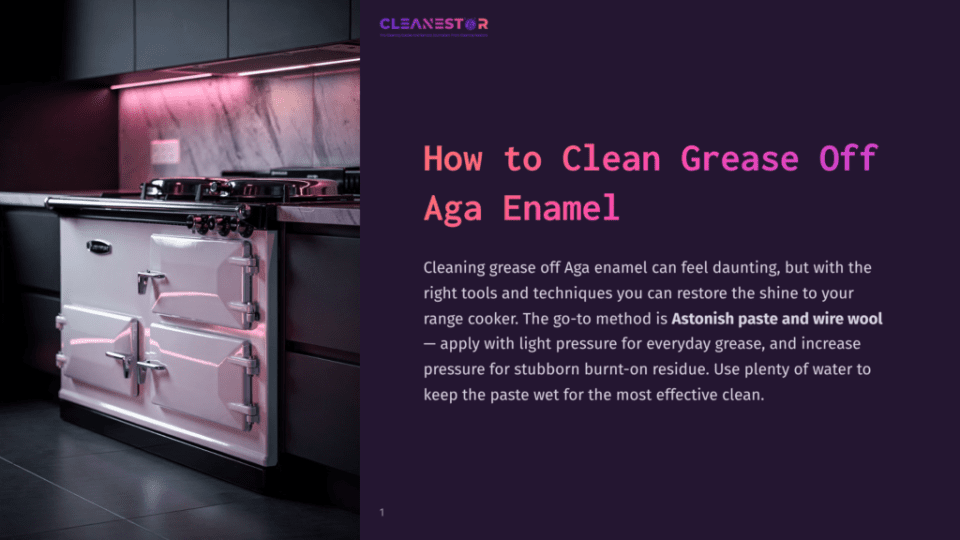 1 How To Clean Grease Off Aga Enamel A White Aga Range Cooker With Chrome Handles Sits In A Modern Kitchen With Dark Cabinets And Pink-Lit Marble Backsplash. Text Reads &Quot;Cleanestor&Quot; And &Quot;How To Clean Grease Off Aga Enamel&Quot;.