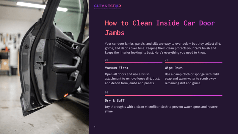 1 How To Clean Inside Car Door Jambs Close-Up Of A Car Door Jamb With The Door Open, Revealing The Interior Door Panel, Seal, And Sill. The Text &Quot;Cleanestor How To Clean Inside Car Door Jambs&Quot; Is Visible.