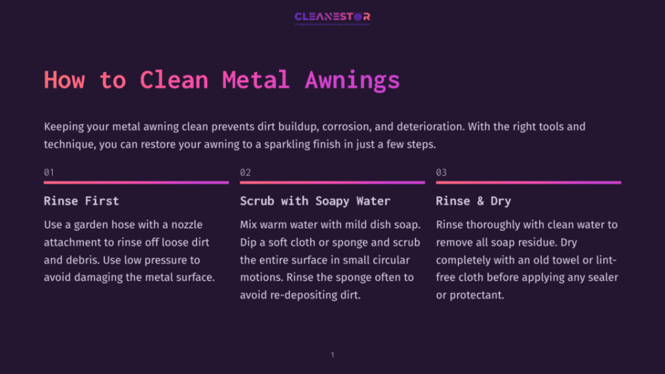 1 How To Clean Metal Awnings 1 Infographic Titled &Quot;How To Clean Metal Awnings&Quot; With Steps: Rinse First, Scrub With Soapy Water, Rinse &Amp; Dry. The Clean Aesthetic Uses Purple And Pink Gradients.