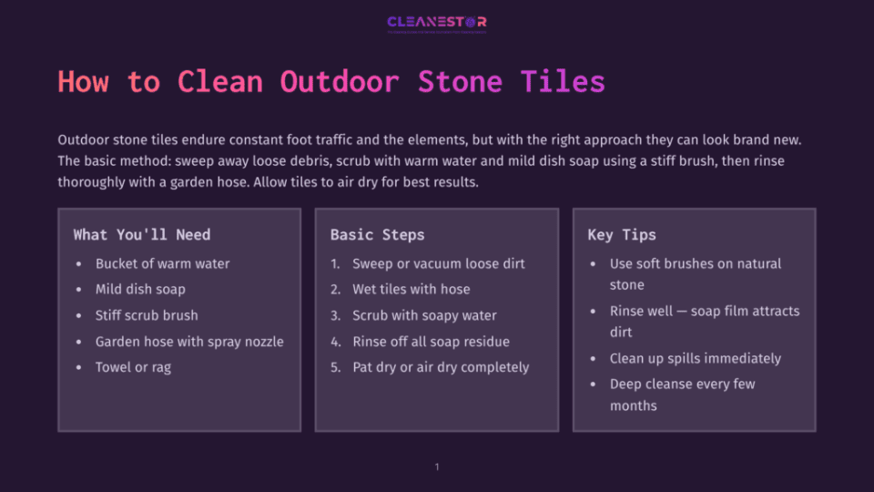 1 How To Clean Outdoor Stone Tiles Infographic Titled &Quot;How To Clean Outdoor Stone Tiles,&Quot; Detailing Basic Steps, Key Tips, And Necessary Supplies Like Buckets, Soap, And Brushes For Cleaning Stone Patios And Walkways.
