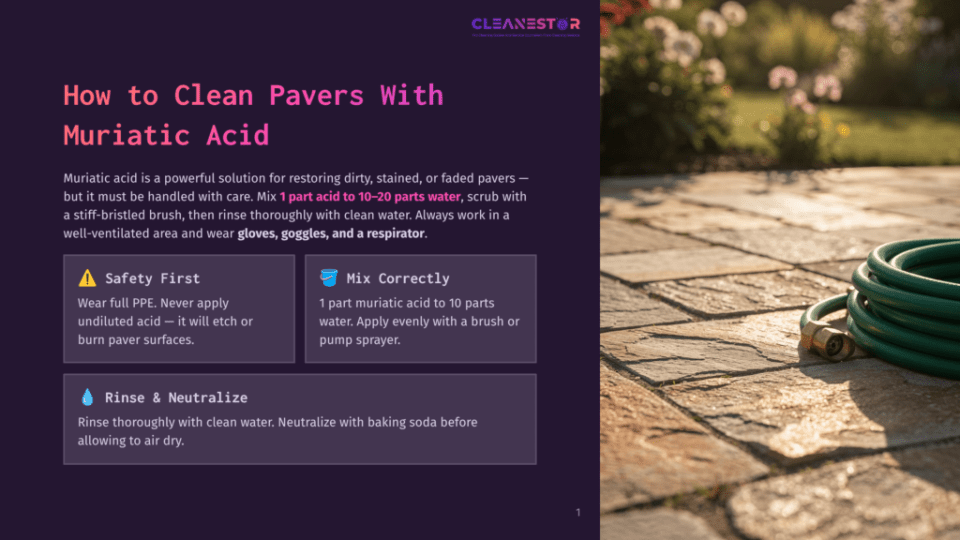 1 How To Clean Pavers With Muriatic Acid A Green Garden Hose Lies Coiled On A Sun-Drenched Stone Patio, Next To A Purple And White Graphic With The Title &Quot;How To Clean Pavers With Muriatic Acid&Quot; And Instructions.