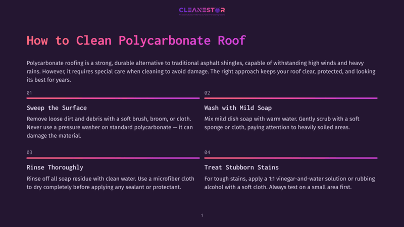 1 How To Clean Polycarbonate Roof Infographic Detailing How To Clean A Polycarbonate Roof, Featuring Steps Like &Quot;Sweep The Surface&Quot; And &Quot;Wash With Mild Soap&Quot; With Purple And Pink Accent Lines.