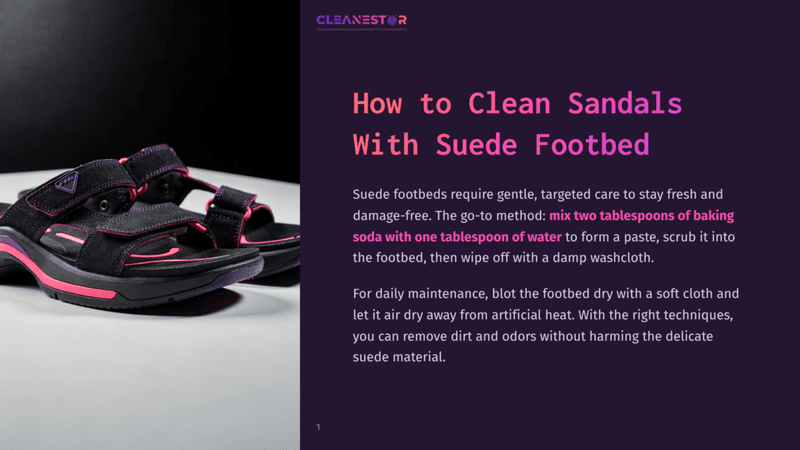 1 How To Clean Sandals With Suede Footbed Two Black Sandals With Pink Accents Sit On A White Surface, Demonstrating The Correct Way To Clean Suede Footbeds. A Text Overlay Provides Instructions On How To Mix Baking Soda And Water To Form A Paste For Cleaning.