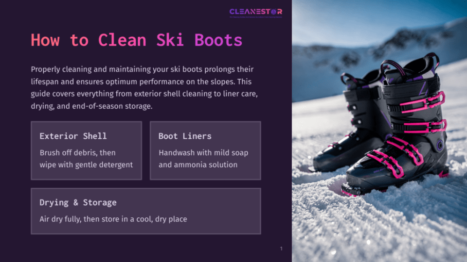 1 How To Clean Ski Boots Close-Up Of Black And Purple Ski Boots With Bright Pink Buckles And Laces, Resting On A Snowy, Groomed Ski Slope. Text Overlay Reads &Quot;How To Clean Ski Boots.