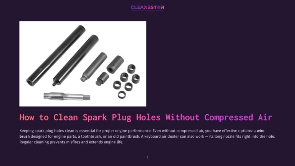 1 How To Clean Spark Plug Holes Without Compressed Air Close-Up Of Spark Plug Hole Cleaning Tools, Including A Wire Brush, A Long Nozzle, And Various Metal Adapters, Against A Dark Background.