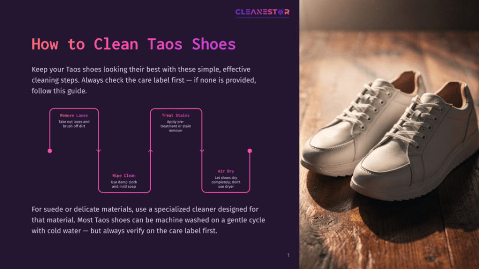 1 How To Clean Taos Shoes Two Clean, White Leather Taos Sneakers Sit On A Wooden Surface Bathed In Warm Sunlight, With A Cleaning Guide Overlayed On The Left.