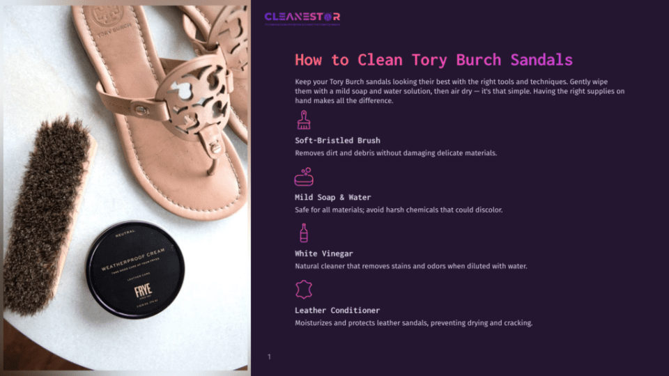 1 How To Clean Tory Burch Sandals 1 A Close-Up View Of A Pair Of Light Brown Leather Tory Burch Sandals, Accompanied By A Small Jar Of Leather Conditioner, And A Small Soft-Bristled Brush, Set Against A Dark Purple Background.