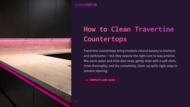 1 How To Clean Travertine Countertops A Modern Kitchen With A Travertine Countertop Illuminated By Pink Under-Cabinet Lighting. A Soft Cloth And Dish Soap Are Placed On The Countertop, With A Sign That Reads &Quot;Complete Care Guide&Quot; In The Corner.