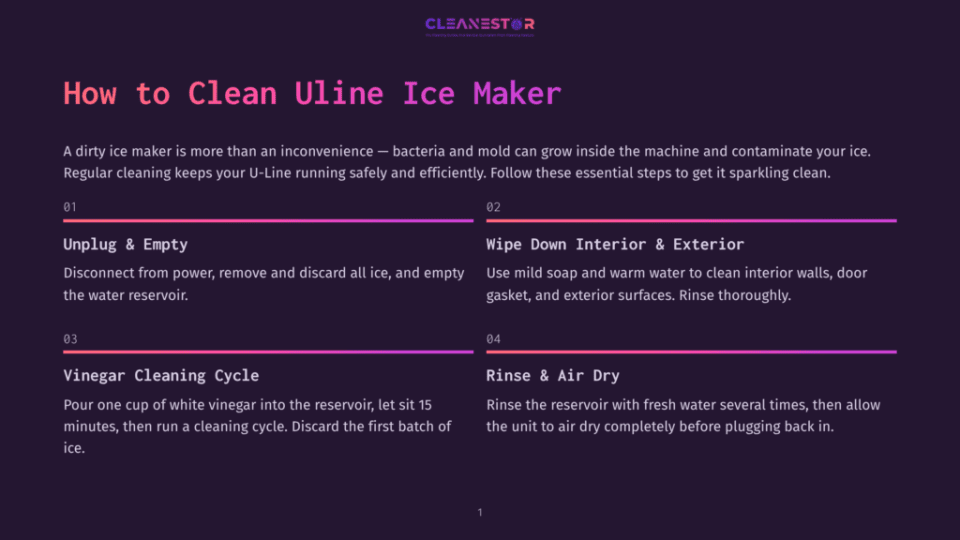 1 How To Clean Uline Ice Maker A Step-By-Step Guide On A Dark Purple Background On How To Clean A Uline Ice Maker, Starting With Unplugging And Emptying The Machine, Followed By Wiping Down The Interior And Exterior With Mild Soap And Warm Water.