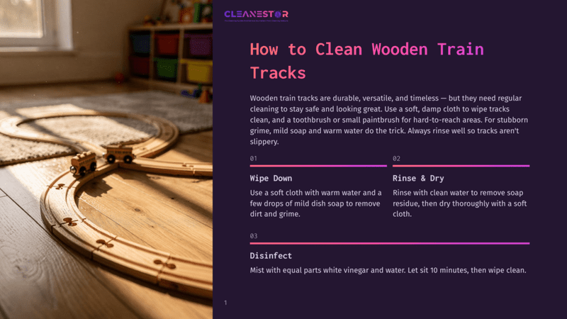 1 How To Clean Wooden Train Tracks Wooden Toy Train Tracks And Two Small Trains On A Carpeted Floor, With A Graphic Overlay Detailing How To Clean Wooden Train Tracks.