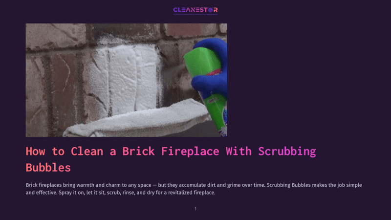 1 How To Clean A Brick Fireplace With Scrubbing Bubbles A Gloved Hand Holds A Green Bottle Labeled &Quot;Scrubbing Bubbles&Quot; Near A Brick Fireplace. The Fireplace Has A White Residue, And A White Towel Lies Nearby. A Dark Brick Wall Is In The Background.