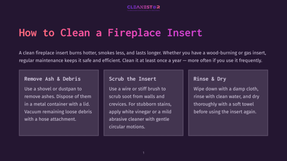 1 How To Clean A Fireplace Insert Diagram Illustrating How To Clean A Fireplace Insert: Remove Ash &Amp; Debris, Scrub The Insert, And Rinse &Amp; Dry. Text Includes &Quot;Cleanestor&Quot; Logo.