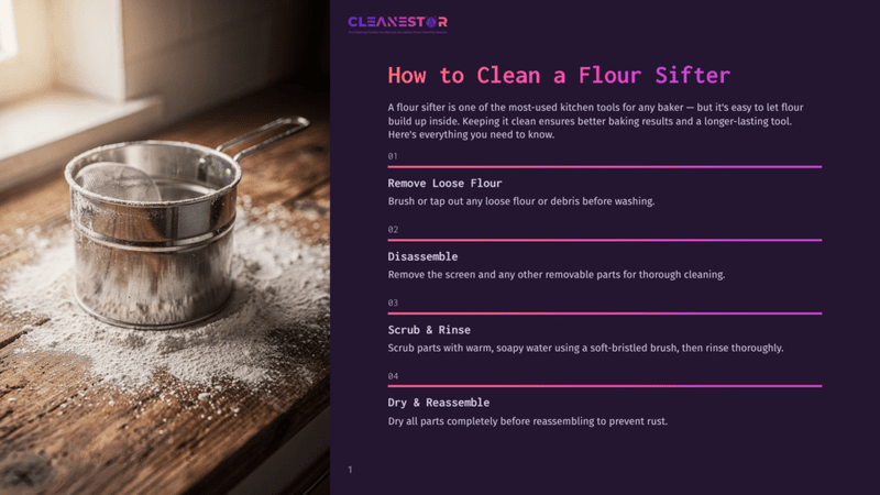 1 How To Clean A Flour Sifter A Vintage Metal Flour Sifter Rests On A Wooden Surface Dusted With Flour, With Soft Light Streaming In From A Window.
