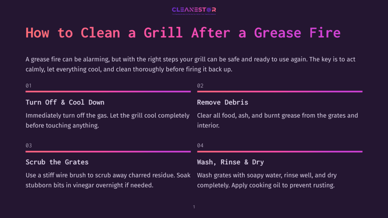 1 How To Clean A Grill After A Grease Fire Infographic Titled &Quot;How To Clean A Grill After A Grease Fire&Quot; With Steps: 1. Turn Off &Amp; Cool Down, 2. Remove Debris, 3. Scrub The Grates, 4. Wash, Rinse &Amp; Dry.