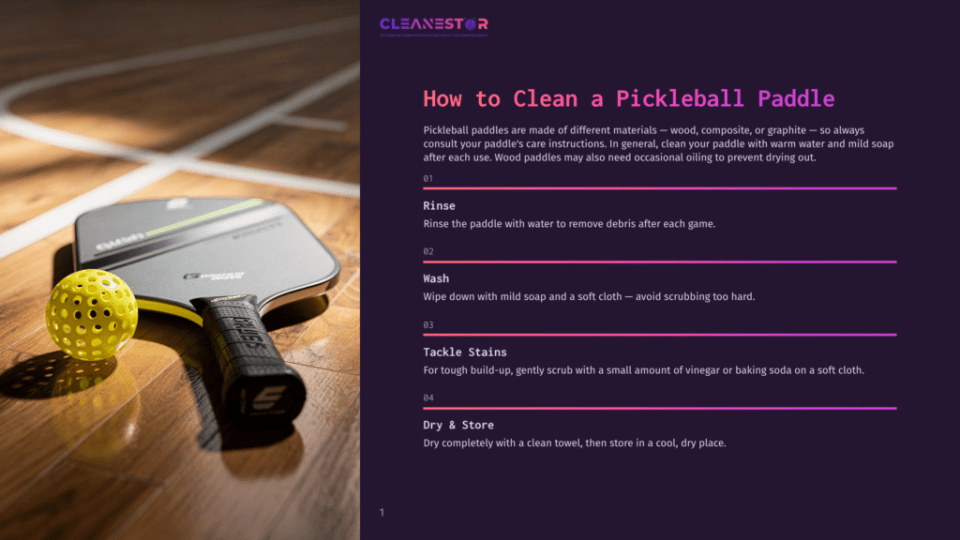 1 How To Clean A Pickleball Paddle A Pickleball Paddle Rests On A Wooden Surface, With A Small Yellow Ball Beside It, And A Clean Towel Nearby. The Background Is A Wooden Court With A Clean, Minimalist Aesthetic.