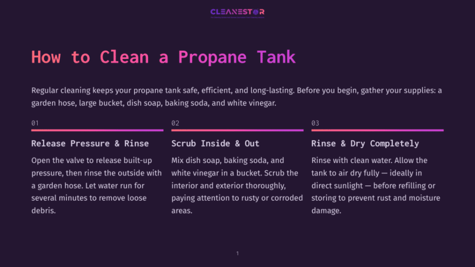 1 How To Clean A Propane Tank Infographic Showing Steps To Clean A Propane Tank: Release Pressure, Scrub Inside And Out With Dish Soap, Baking Soda, And White Vinegar, And Rinse And Dry Completely In Sunlight.
