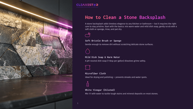 1 How To Clean A Stone Backsplash Cleanestor Logo Above A Guide On How To Clean A Stone Backsplah, Featuring A Stylish Kitchen Counter With A Dark, Geometric Stone Backsplash Illuminated By Purple Lighting.