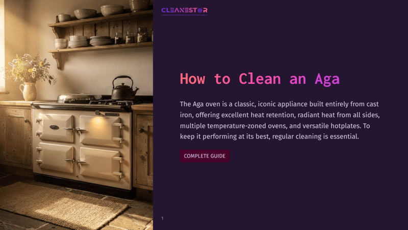 1 How To Clean An Aga A Vintage Cream Aga Range Cooker Sits In A Rustic Kitchen, With Shelves Of Pottery And A Bouquet Of Flowers In The Background. The Cleanestor Logo Is Visible At The Top, Along With The Title &Quot;How To Clean An Aga&Quot;.