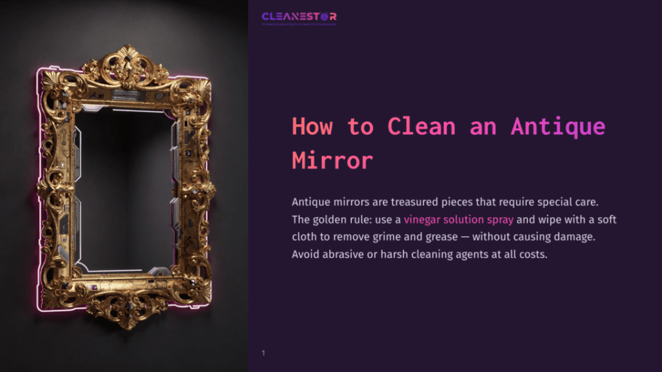 1 How To Clean An Antique Mirror An Ornate, Antique Gold Mirror With Intricate Carvings Is Illuminated By A Neon Pink Glow. The Text &Quot;How To Clean An Antique Mirror&Quot; Is Overlaid On A Dark Purple Background.