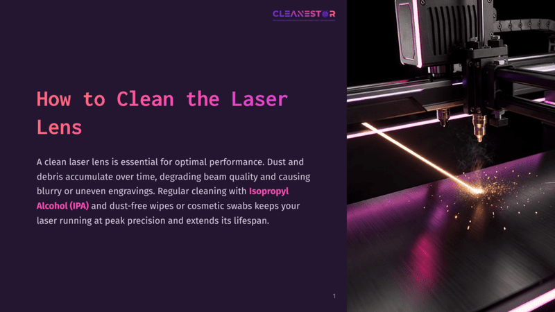 1 How To Clean The Laser Lens Close-Up Of A Laser Cutting Machine Head Firing A Bright Orange Laser Beam Onto A Dark Metal Surface, Creating Sparks And Smoke. Text On The Left Reads &Quot;How To Clean The Laser Lens&Quot;.