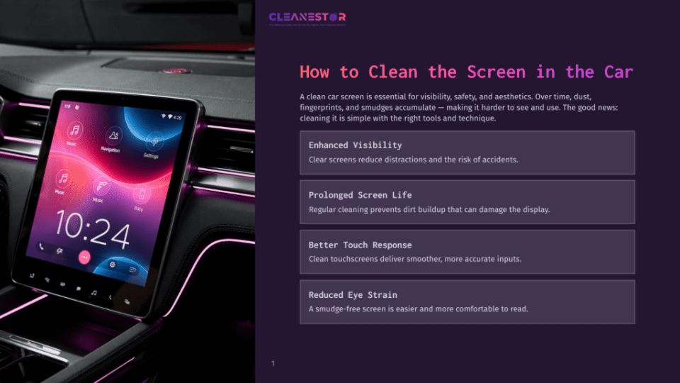 1 How To Clean The Screen In The Car A Modern Car'S Dashboard Screen Displays A Clean Interface With Navigation And Music Apps, Featuring The Time 10:24 And The &Quot;Cleanestor&Quot; Logo, Illuminated By Ambient Pink Lighting.