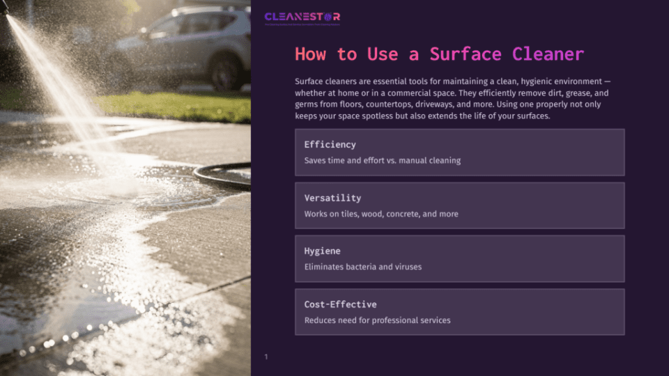 1 How To Use A Surface Cleaner A High-Pressure Washer Sprays Water Onto A Wet Concrete Surface, Cleaning A Driveway Or Patio. The Cleanestor Logo Is Visible At The Top.