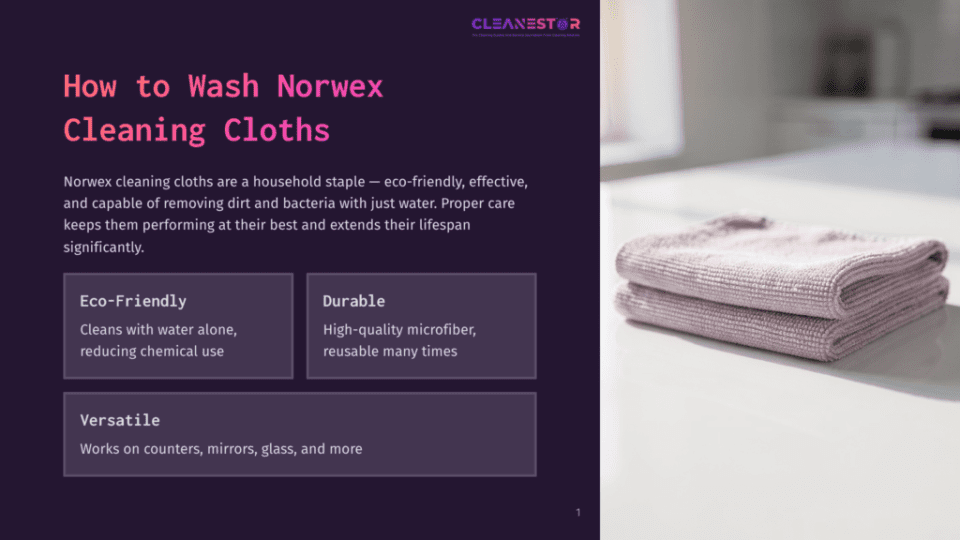 1 How To Wash Norwex Cleaning Cloths Two Folded Norwex Cleaning Cloths In A Soft Lilac Color Are Neatly Stacked On A White Countertop, With A Blurred Background Of A Modern Kitchen.