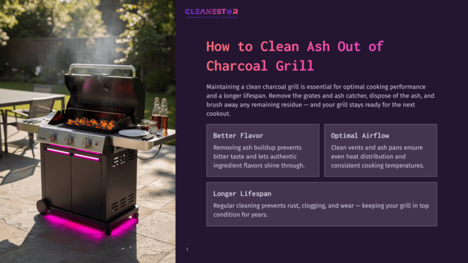 1 How To Clean Ash Out Of Charcoal Grill Cleanestor Logo Above Text &Quot;How To Clean Ash Out Of Charcoal Grill&Quot; With An Image Of A Charcoal Grill With Flames And Pink Led Lights.