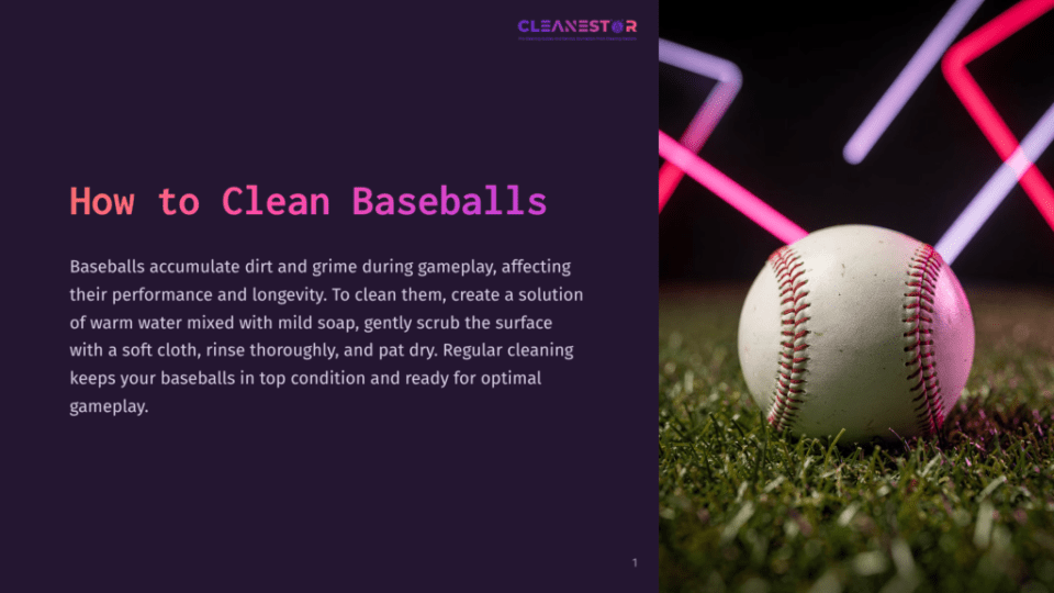 1 How To Clean Baseballs Close-Up Of A Clean, White Baseball With Red Stitching Resting On Green Grass, With Blurred Pink And Purple Neon Lights In The Background. Text Overlay Reads &Quot;How To Clean Baseballs.