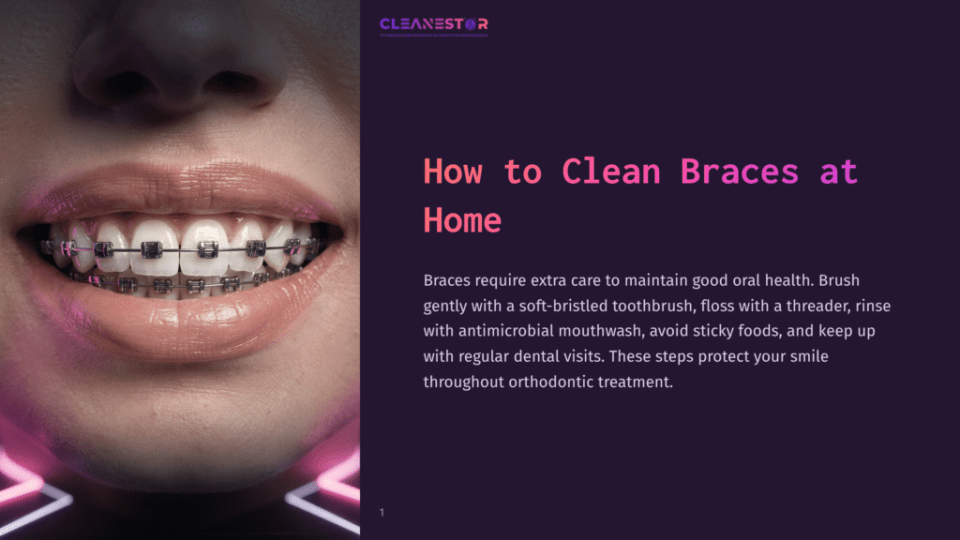 1 How To Clean Braces At Home Close-Up Of A Smiling Person'S Mouth With Metal Braces, Showing Clean Teeth And Orthodontic Brackets. Text Overlay: &Quot;How To Clean Braces At Home&Quot;.