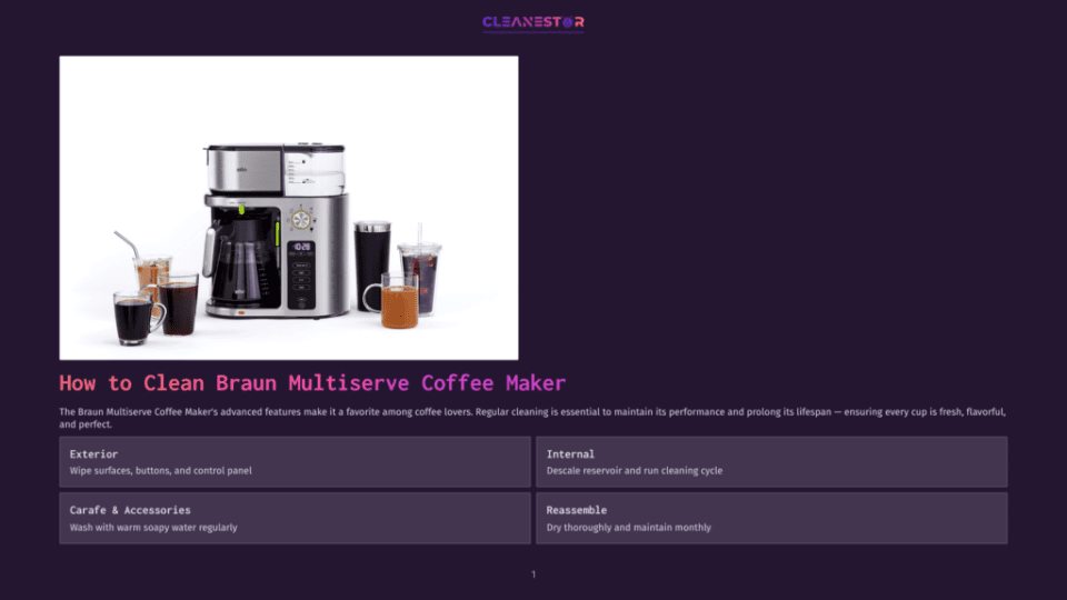 1 How To Clean Braun Multiserve Coffee Maker Braun Multiserve Coffee Maker With Carafe, Travel Mug, And Cups, On A Clean White Background. Instructions For Cleaning Are Visible Below.
