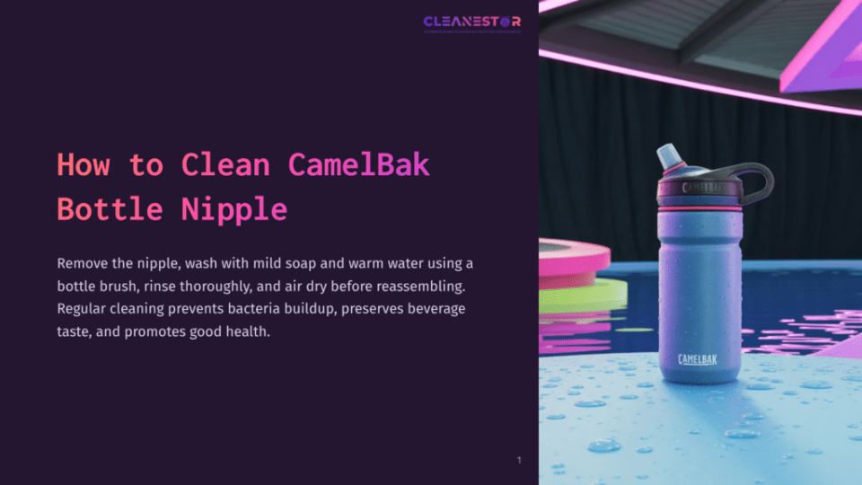 1 How To Clean Camelbak Bottle Nipple A Blue Camelbak Water Bottle With A Black Spout Rests On A Wet Table, With A Pool And Colorful Floats In The Background. Text On The Image Reads &Quot;How To Clean Camelbak Bottle Nipple&Quot;.