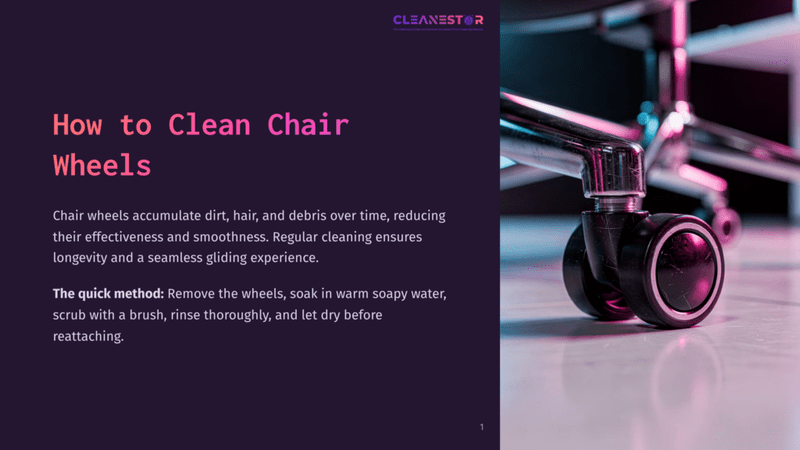 1 How To Clean Chair Wheels Close-Up Of A Black Office Chair Wheel With Chrome Accents, Resting On A Polished Floor. The Wheel Shows Signs Of Wear And Dirt, With The Cleanestor Logo Visible In The Upper Right Corner.