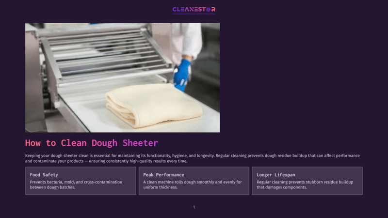 1 How To Clean Dough Sheeter Illustration Of A Worker Cleaning A Dough Sheeter With Gloves And Blue Scrubs, A Folded White Dough Sheet In The Foreground, And A Clean, Modern Kitchen Setting.