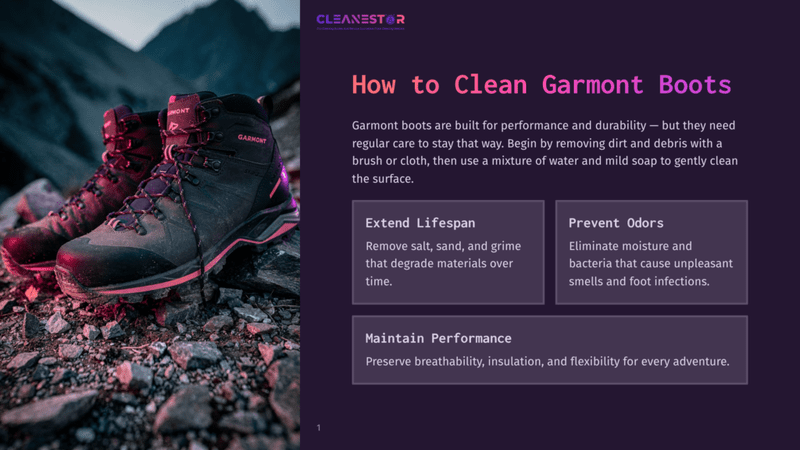 1 How To Clean Garmont Boots Close-Up Of Rugged Garmont Hiking Boots With Pink Accents, Resting On A Rocky, Mountainous Terrain. Text Overlay Reads &Quot;Cleanestor&Quot; And &Quot;How To Clean Garmont Boots.