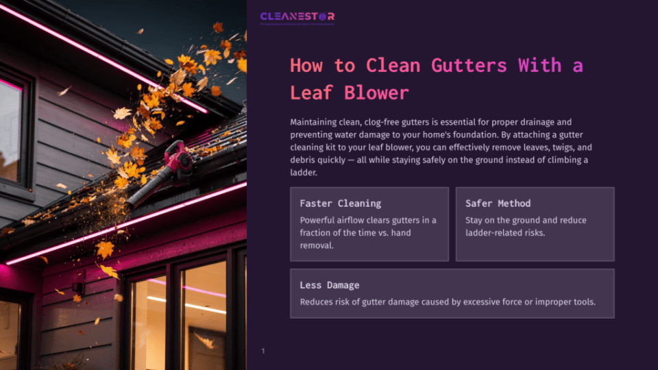 1 How To Clean Gutters With A Leaf Blower A Red Leaf Blower On A House Roof, With Leaves Blowing Away. The Roof Is Lit Up With Pink And Purple Lights. Text Reads, &Quot;How To Clean Gutters With A Leaf Blower.&Quot; A Section Titled &Quot;Faster Cleaning&Quot; Says, &Quot;Powerful Airflow Clears Gutters In A Fraction Of The Time Vs. Hand Removal.