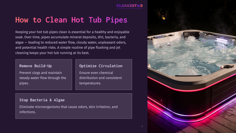 1 How To Clean Hot Tub Pipes A Bubbling Hot Tub Glows With Colorful Led Lights At Night, With Text Overlay Discussing How To Keep Hot Tub Pipes Clean By Preventing Clogs And Optimizing Circulation To Stop Bacteria And Algae.