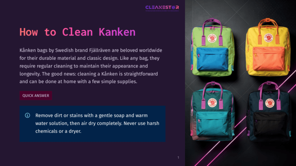 1 How To Clean Kanken Four Vibrant Kanken Bags From Fjallraven Displayed Against A Black Background. The Bags Are In Different Colors: Blue, Green, Orange, And Yellow, With Red And Purple Accents.