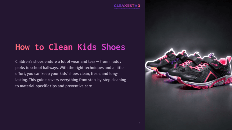 1 How To Clean Kids Shoes Close-Up Of Two Pairs Of Kids' Athletic Shoes With Neon Pink And Purple Accents, Glowing With A Neon Outline Against A Dark, Reflective Surface.