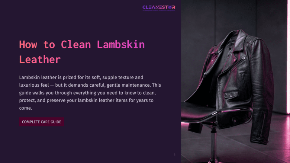 1 How To Clean Lambskin Leather 1 A Black Leather Moto Jacket Hangs On A Chair, With The Text &Quot;How To Clean Lambskin Leather&Quot; And &Quot;Complete Care Guide&Quot; Visible On The Left.